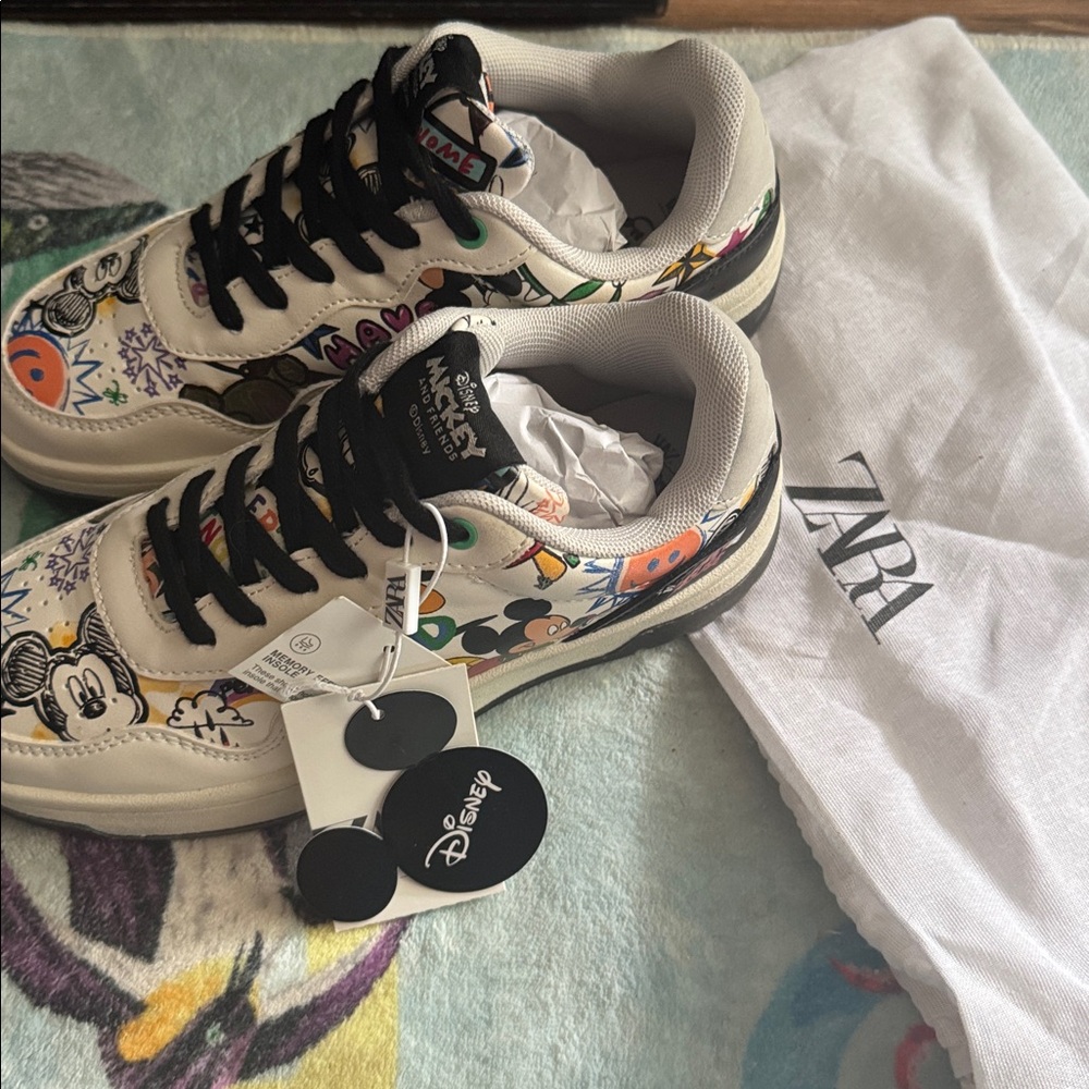 Zara White Kids Sneakers with Multicolor Mickey Graphic